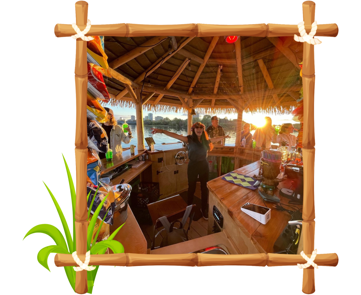 picture frame of a group on board a cancun palapa tours' floating tiki bar in cancun, mexico